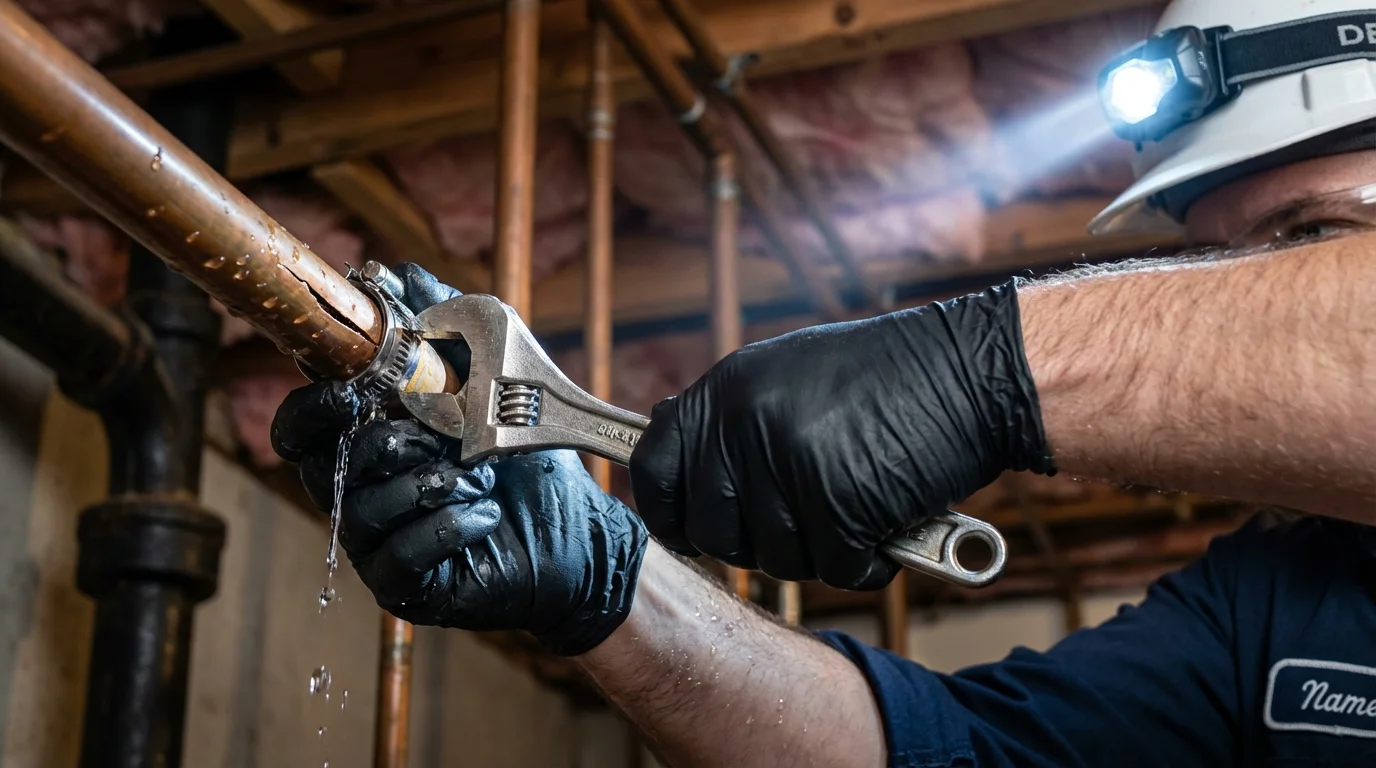 Emergency pipe clamp repair being performed by a Johns Plumbing LLC plumber in Seaside Heights