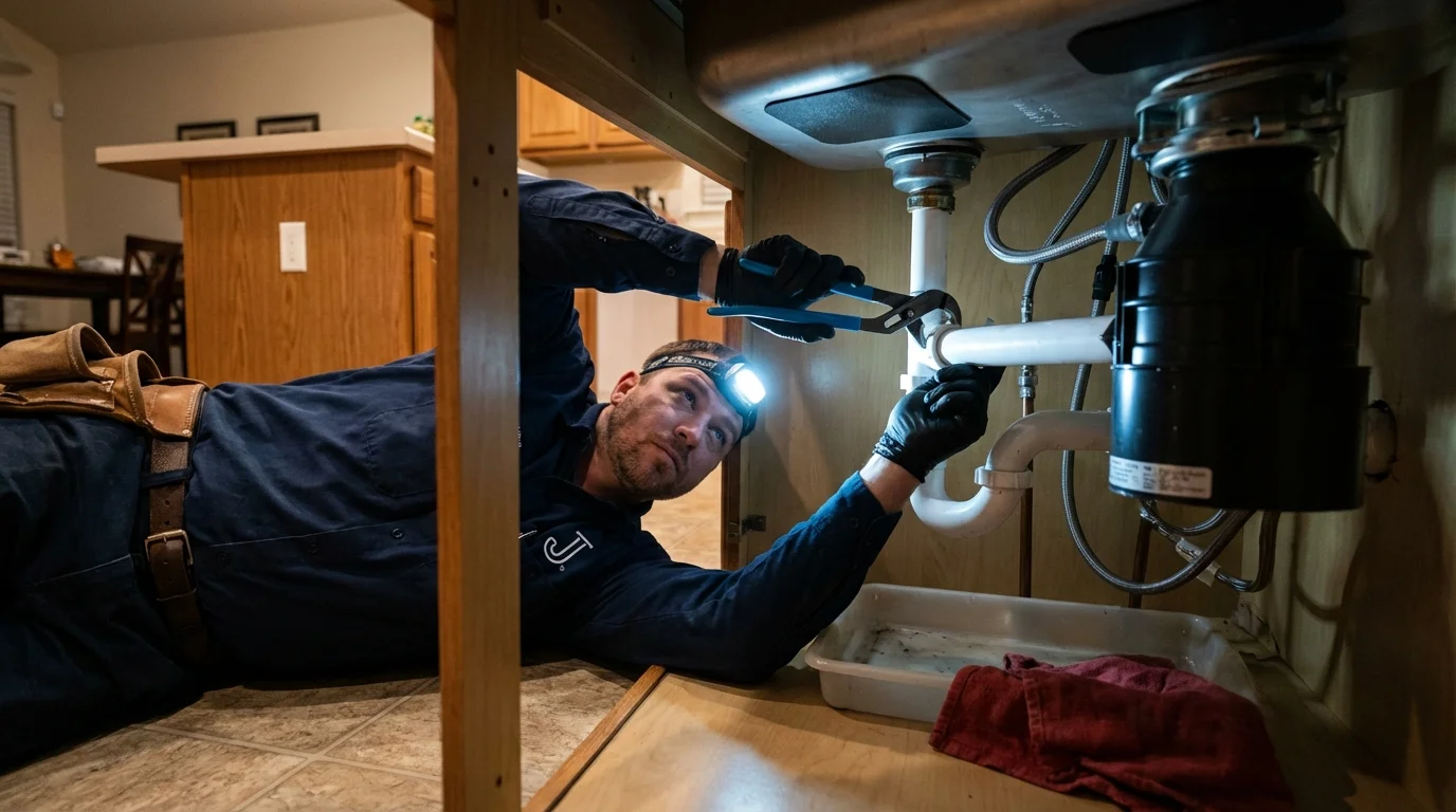 P-trap and supply line connections under a kitchen sink showing a common leak point in Seaside Heights, NJ
